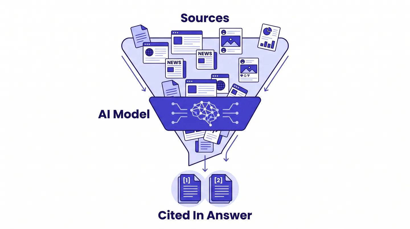 funnel filtering source documents down to AI-cited answers