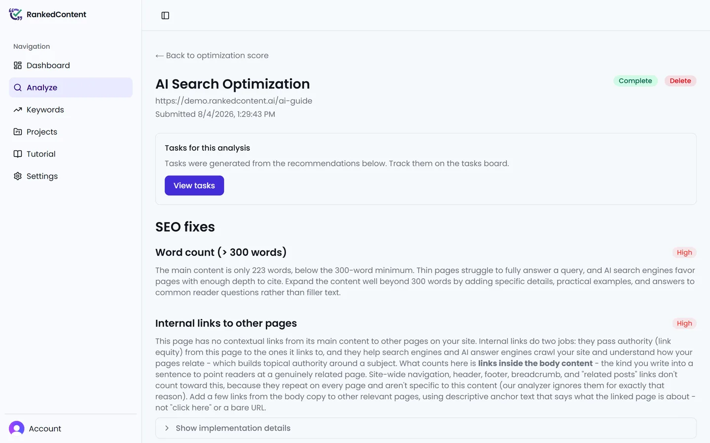 The fixes page listing a detailed recommendation for every factor that needs work