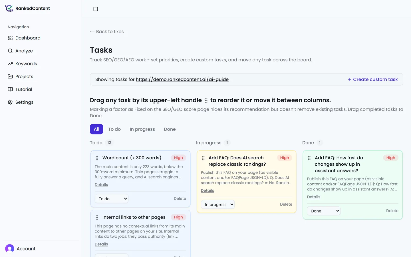 The task board with recommendation cards spread across the To do, In progress, and Done columns
